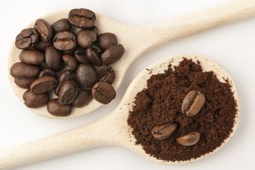 three coffee beans on coffee powder