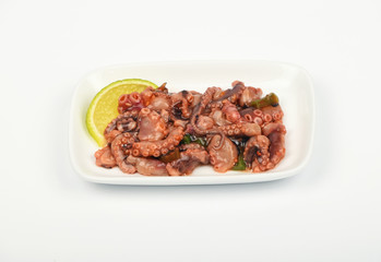 Seafood octopus salad snack on white plate