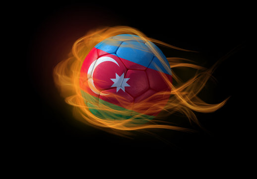 Soccer ball with the national flag of Azerbeijan, making a flame.