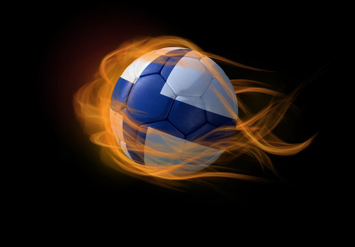 Soccer ball with the national flag of Finland, making a flame.