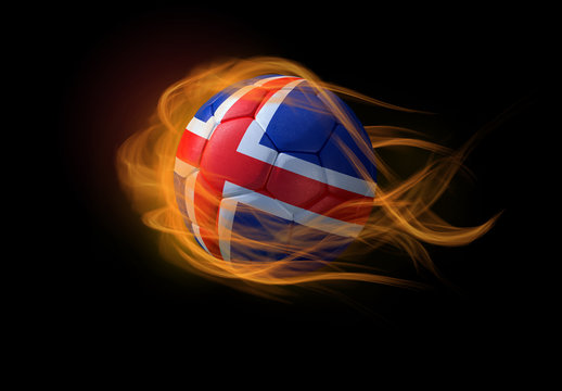 Soccer ball with the national flag of Iceland, making a flame.