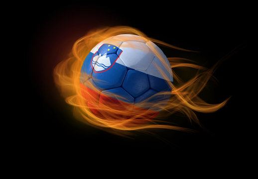 Soccer ball with the national flag of Slovenia, making a flame.