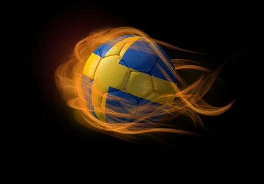Soccer ball with the national flag of Sweden, making a flame.