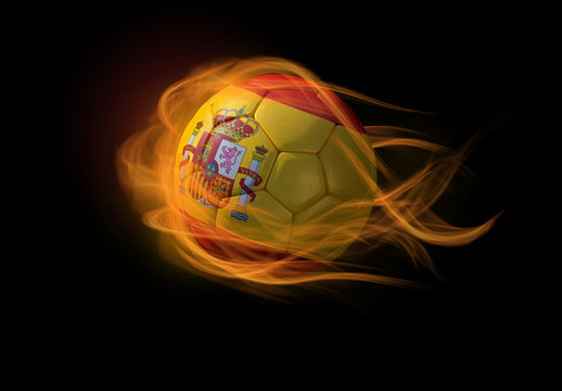 Soccer ball with the national flag of Spain, making a flame.
