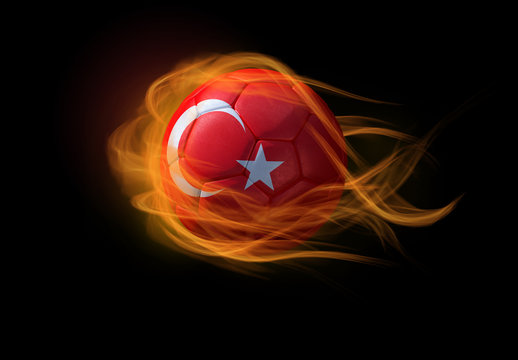 Soccer ball with the national flag of Turkey, making a flame.