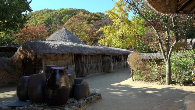 Onggi pottery at the Traditional Hanok courtyard in the Minsok Folk Village. Seoul