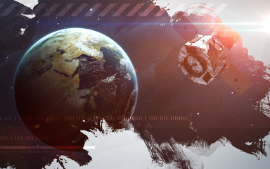 Water splashes at deep space background. Artistic design for cards and posters. Elements of this image furnished by NASA.