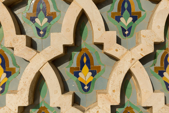 detail of tile work on the exterior of the Hassan II mosque in Casablanca