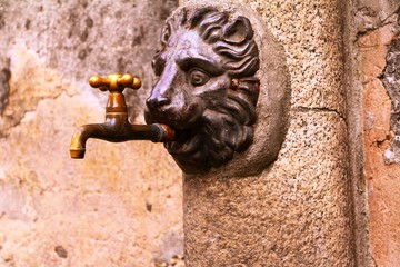 Lion head water tap on the wall in italy 
