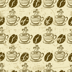 Vector grunge seamless pattern with coffee beans and cup. Hand drawn sketch illustration. Food background. Concept for cafe, restaurant, menu, shop.