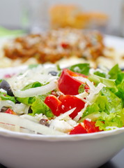 Freshly prepared Greek salad on a serve table closeup