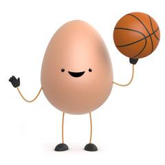 3d Cute toy egg plays with a basketball