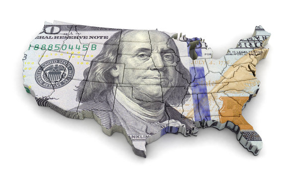 Map of USA with dollar. Image with clipping path.