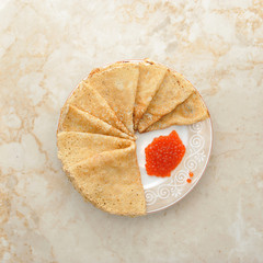 pancakes with caviar.top view