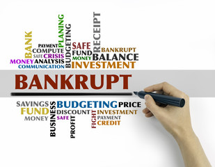 Hand with marker writing - BANKRUPT word cloud, business concept