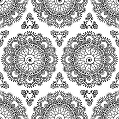 Seamless pattern mandala mehndi floral lace elements of buta decoration items on white background.