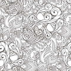 Seamless pattern of abstract flowers and paisley elements in Indian mehendi style.