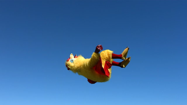 Chicken does a flip in sky, slow motion