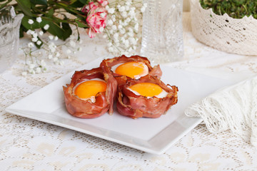egg in a basket of bacon still life rural rustic Provence