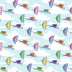 Fototapeta premium Vector seamless pattern with umbrellas flying at girls.