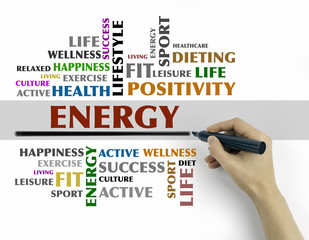 Hand with marker writing - ENERGY word cloud, fitness, sport, he
