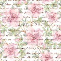 Fototapety  Pink camelia flowers and vintage ink text letter. Watercolor. Repeating retro floral pattern