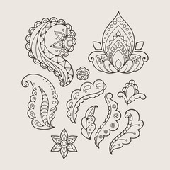 Set of abstract flowers and paisley elements in Indian mehendi style. Template for mehndi ornaments.