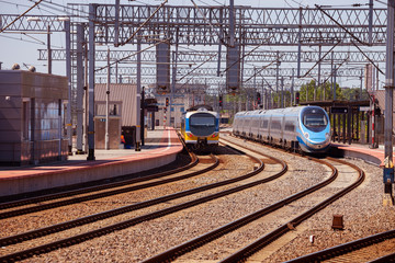 Train on the platform of railway station in Gdynia, Poland.