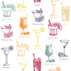 Vector seamless pattern with vintage alcoholic cocktails sketch. Ink hand drawn drinks and ingredients background for bar or restaurant menu