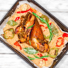 roast pork knuckle with braised cabbage, pepper, garlic and spic