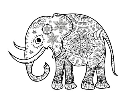 Black and white decorated elephant on white, elefante decorato vettoriale da colorare, su sfondo bianco