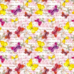 Flowers, butterfly and hand written text letter. Watercolor. Seamless pattern
