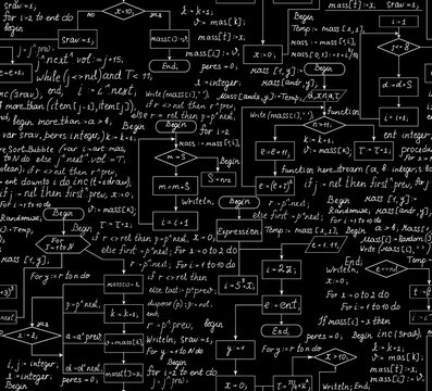 Beautiful vector technical seamless pattern with the program flow diagram and the code