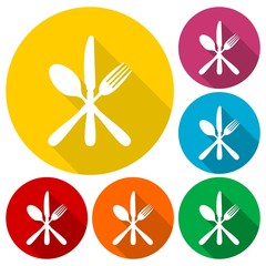 Restaurant Sign with Spoon, Fork and Knife icons set with long shadow