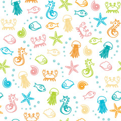 Seamless pattern with colorful sea animals