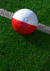 Fototapeta na wymiar Soccer ball and national flag of Poland, green grass