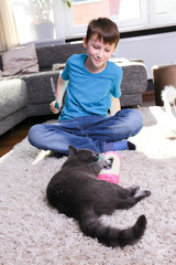 Junge spielt mit der Katze