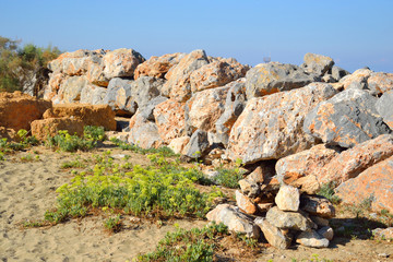 Limestone rocks on the coast of Aegean Sea.