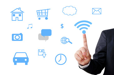 Businessman hand pointing internet of things icons 