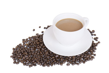 Coffee cup and coffee beans on a white background.