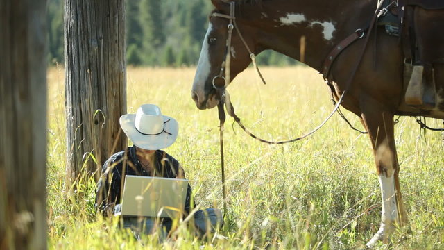 Cowboy sits by horse using laptop computer