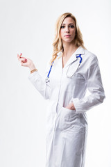 doctor (woman) explaining something on white background