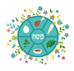 Passover seder plate with floral decoration, Passover in Hebrew in the middle. vector illustration