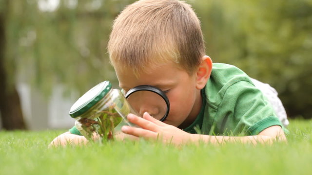 Boy with a jar of plants