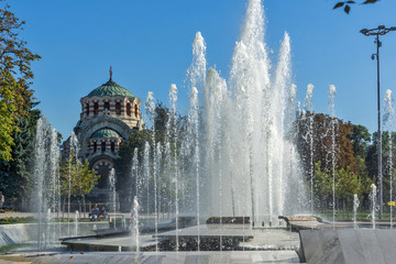 Fountain in the center of City of Pleven and St. George the Conqueror Chapel Mausoleum, Bulgaria
