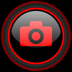 camera black and red glossy internet icon on black background