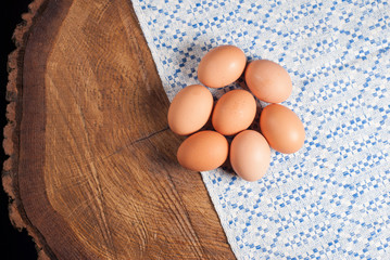 eggs and towel with a blue pattern
