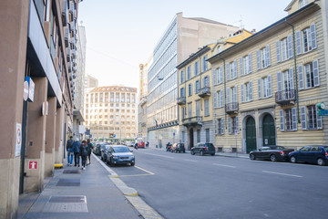 The street with ancient buildings in the center of Milan, Italy, 