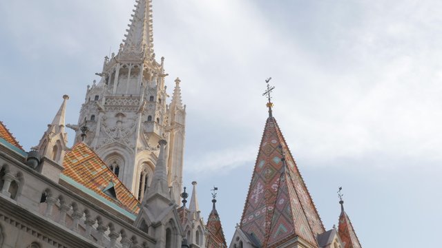 Beautiful Matthias Church tower on Buda side of Budapest 4K 2160p UltraHD footage - Matyas-templom in Budapest Hungary on Budas Castle District 4K 3840X2160 UHD video