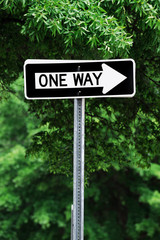 one way sign against green tree background